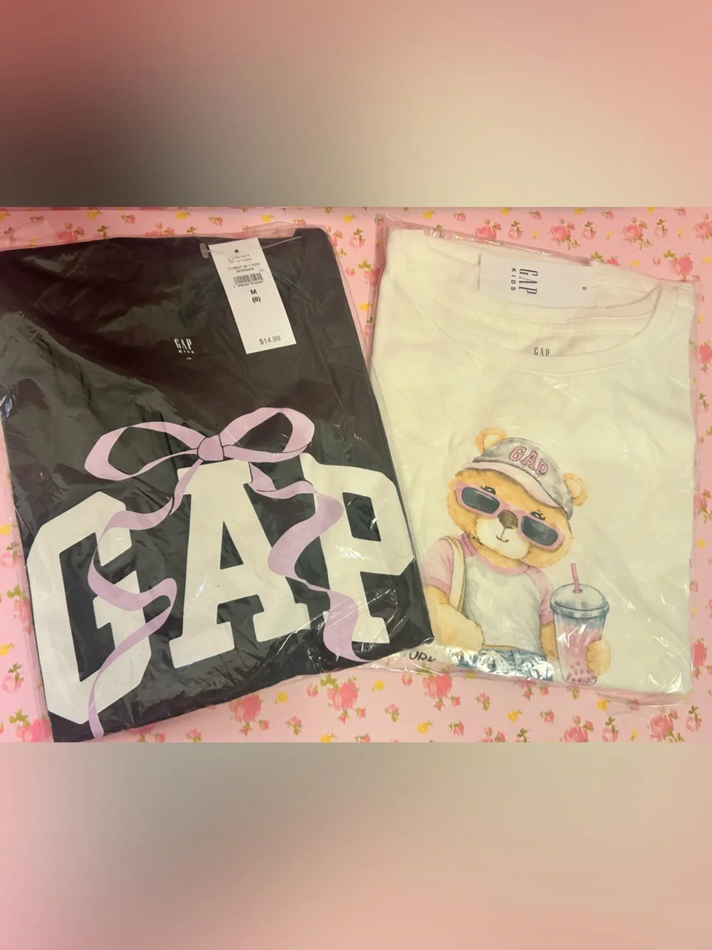 GAP Kids Black Tee with Pink Ribbon & White Bear Graphic Tee